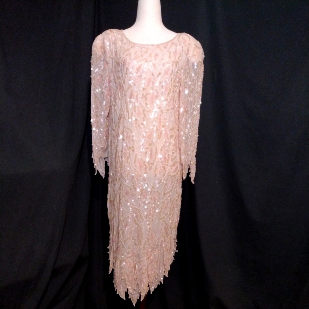 VTG RARE STUNNING SweeLo Pastel Pink Long Slv Beaded Sequin Silk Leaf Dress Sz L